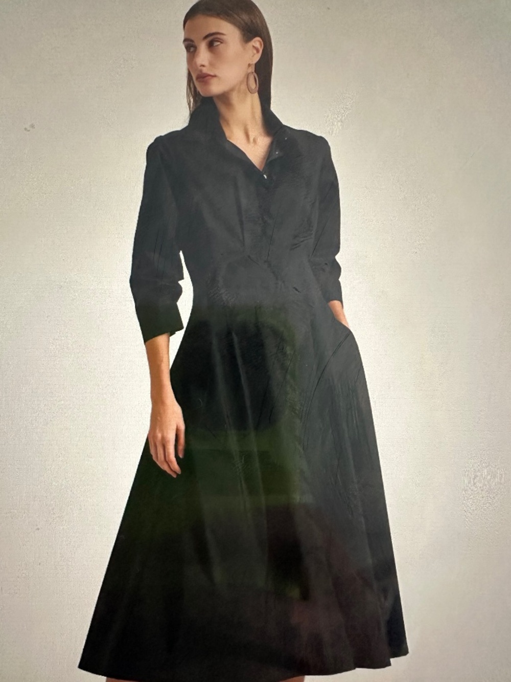 Coldwater Creek Mid-Sleeve Black Collared Midi